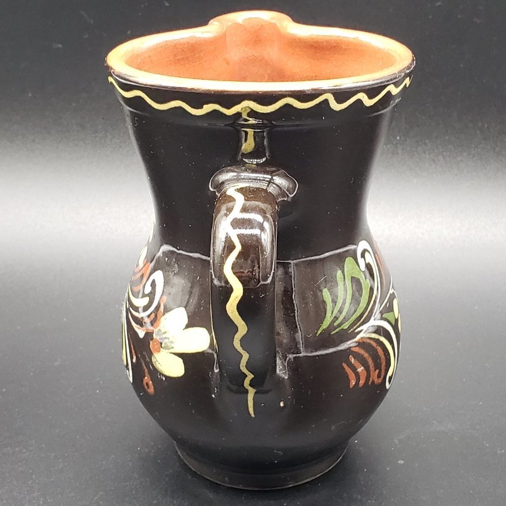 HUNGARIAN Redware Hand Painted Brown Floral Beige Green Glazed Handled Pitcher - Picture 8 of 11